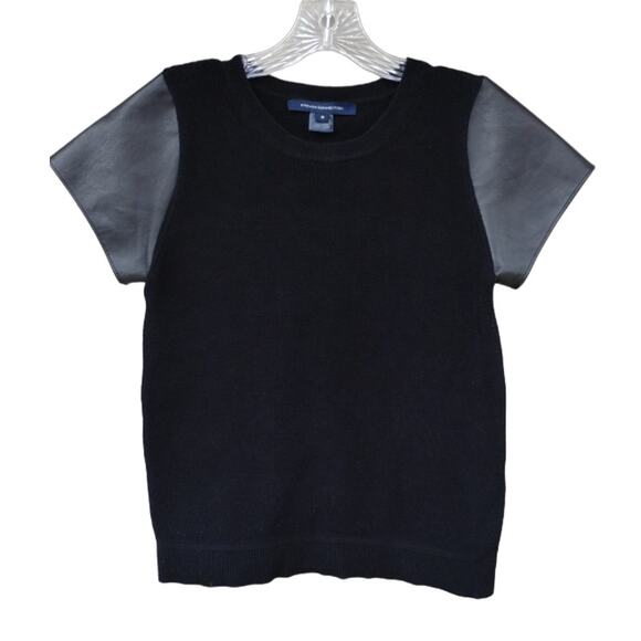 FRENCH CONNECTION London Vegan leather Knit Top Short Sleeves Sweater Black M - Picture 2 of 10